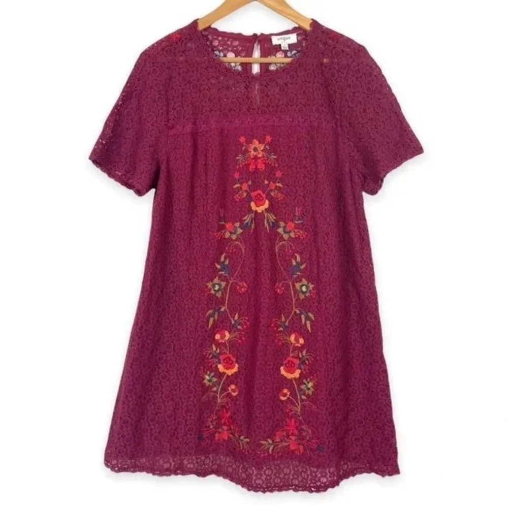 Umgee Boho Embroidered Burgundy Lace Shift Dress Spring Brunch Vacation  Size S - Picture 4 of 12